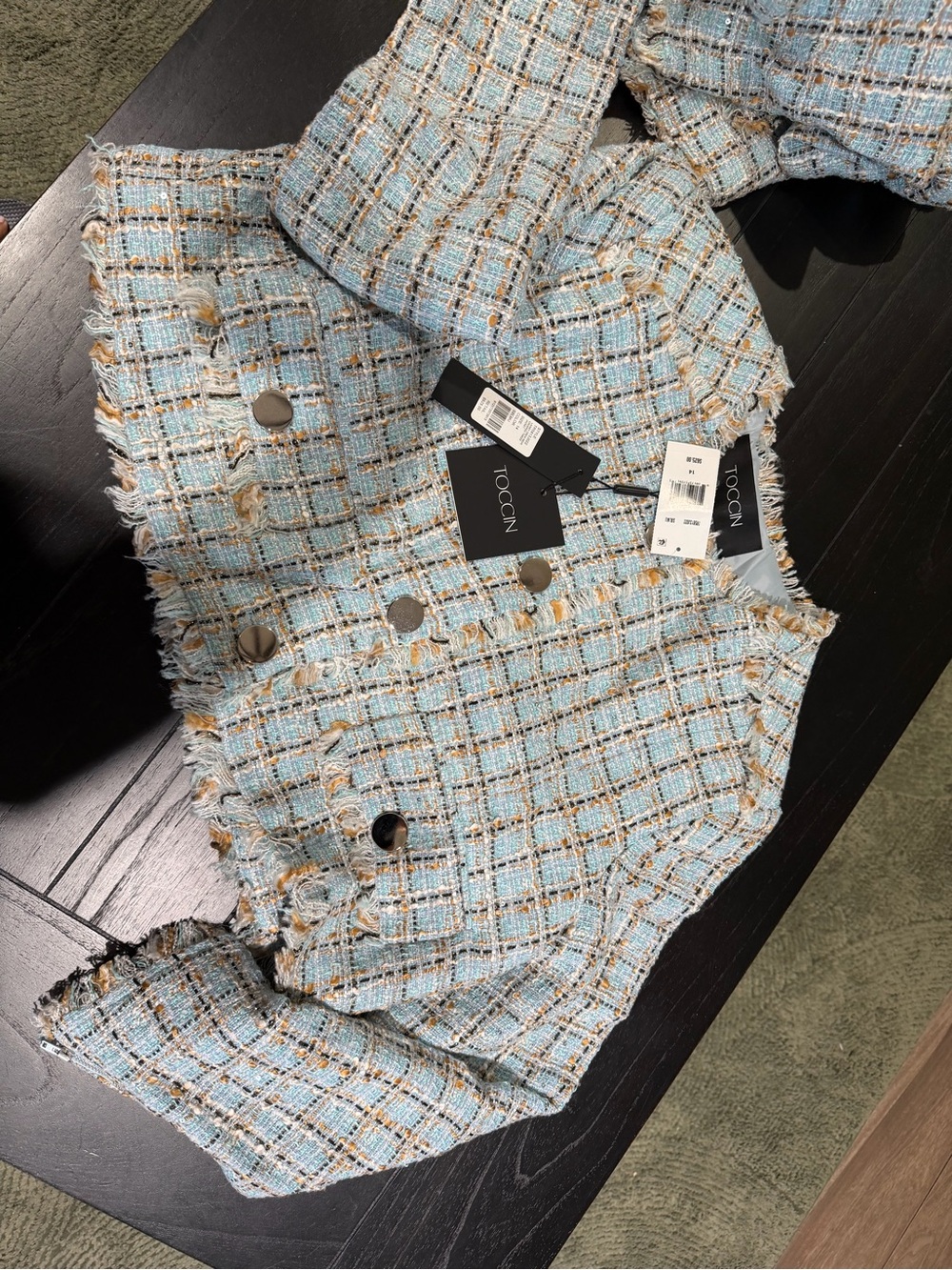 Cropped Tweed Jacket in Light Blue Plaid